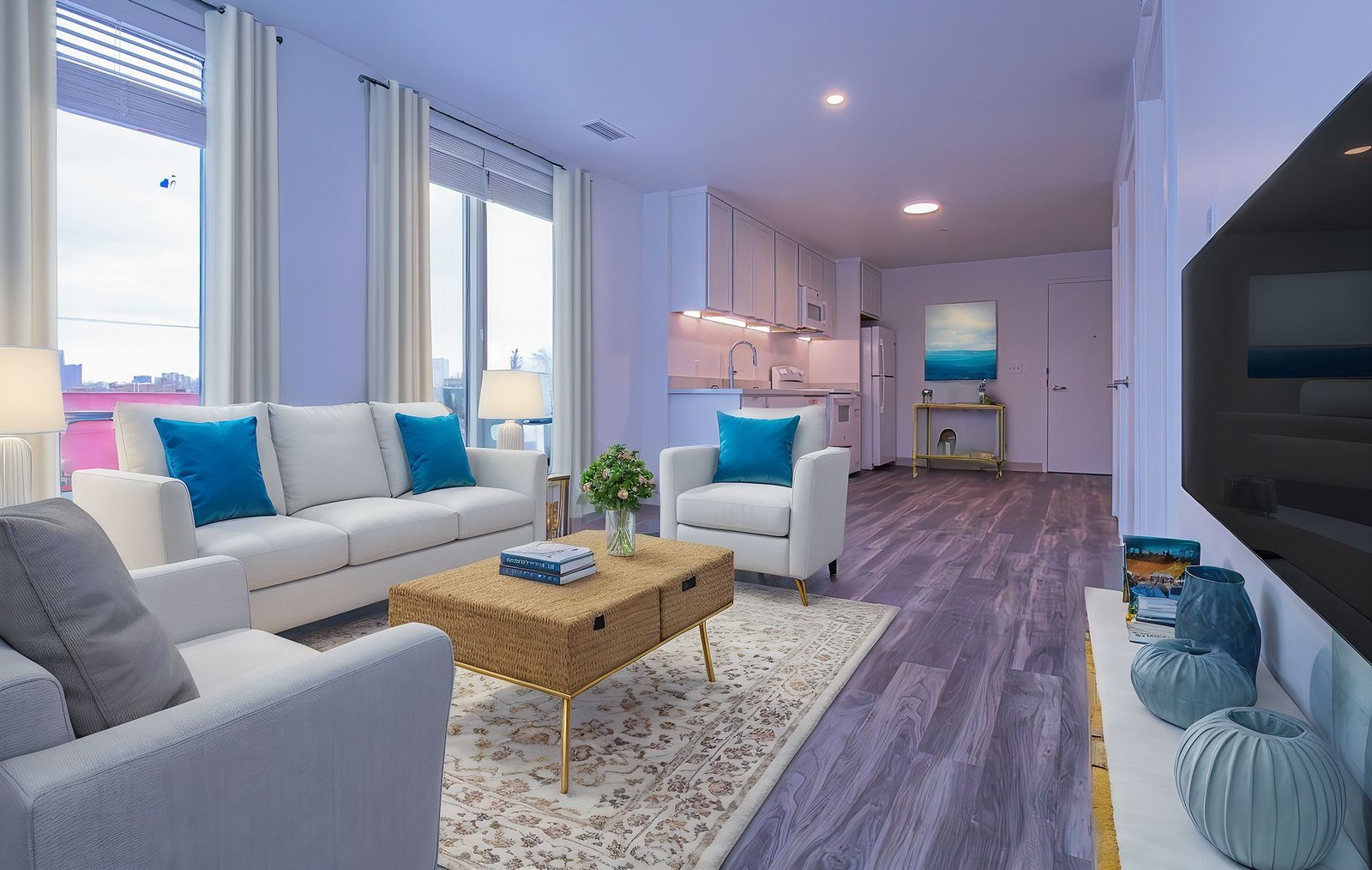 Una sala de estar con muebles blancos y almohadas azules
El contenido generado por IA puede ser incorrecto.